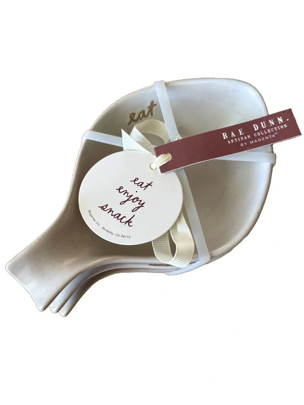 RAE DUNN Minimalist Farmhouse Nesting Stone Spoon Rests EAT ENJOY SNACK Leaves~3